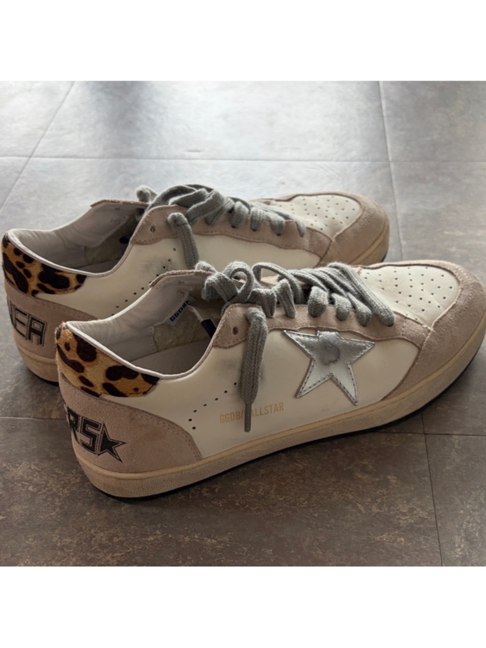 Golden Goose White, Beige & Silver Superstar Sneakers with Leopard Accent